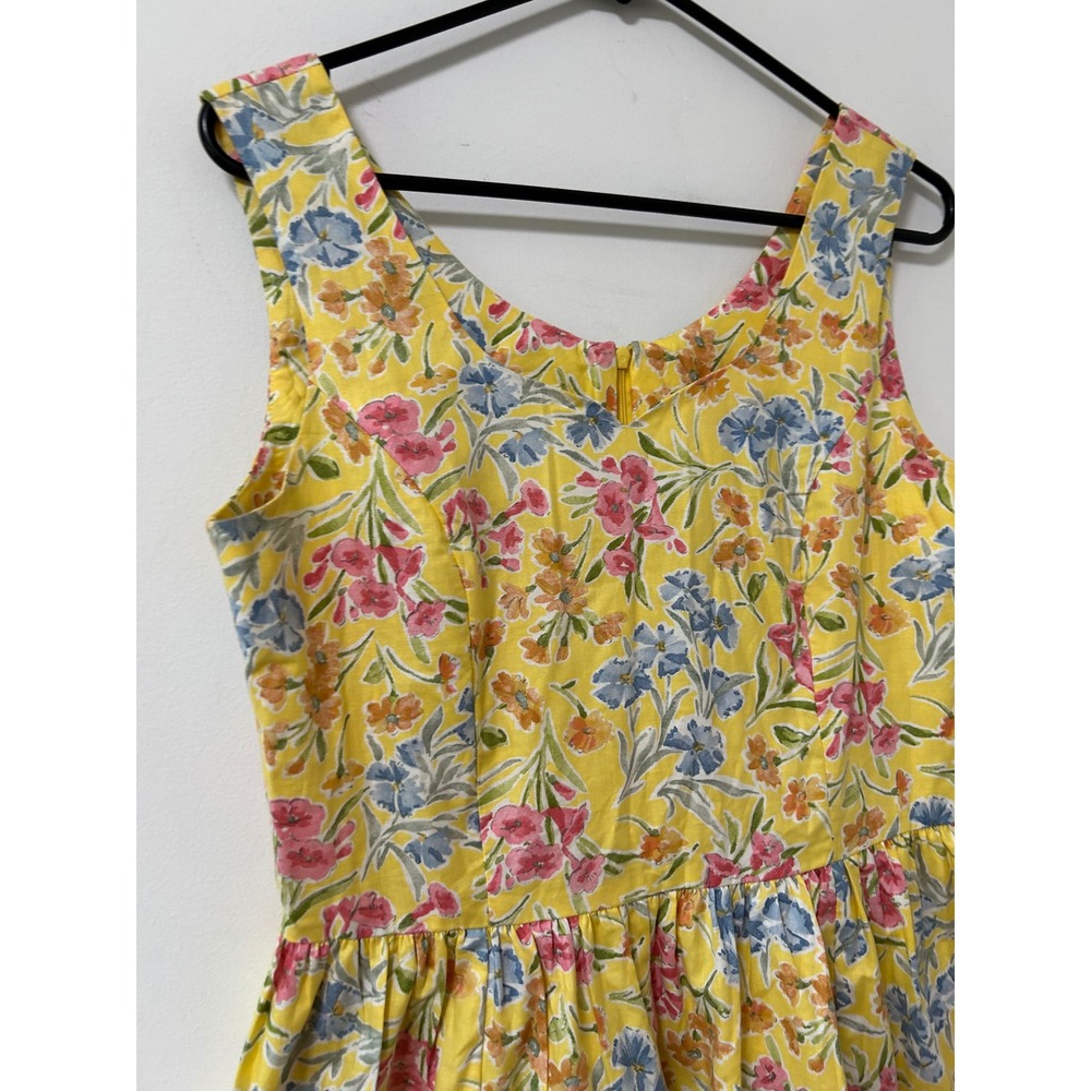 Vintage Laura Ashley Yellow Floral Cotton Midi Dress Tank Gathered Waist Sz 8 - Picture 2 of 10